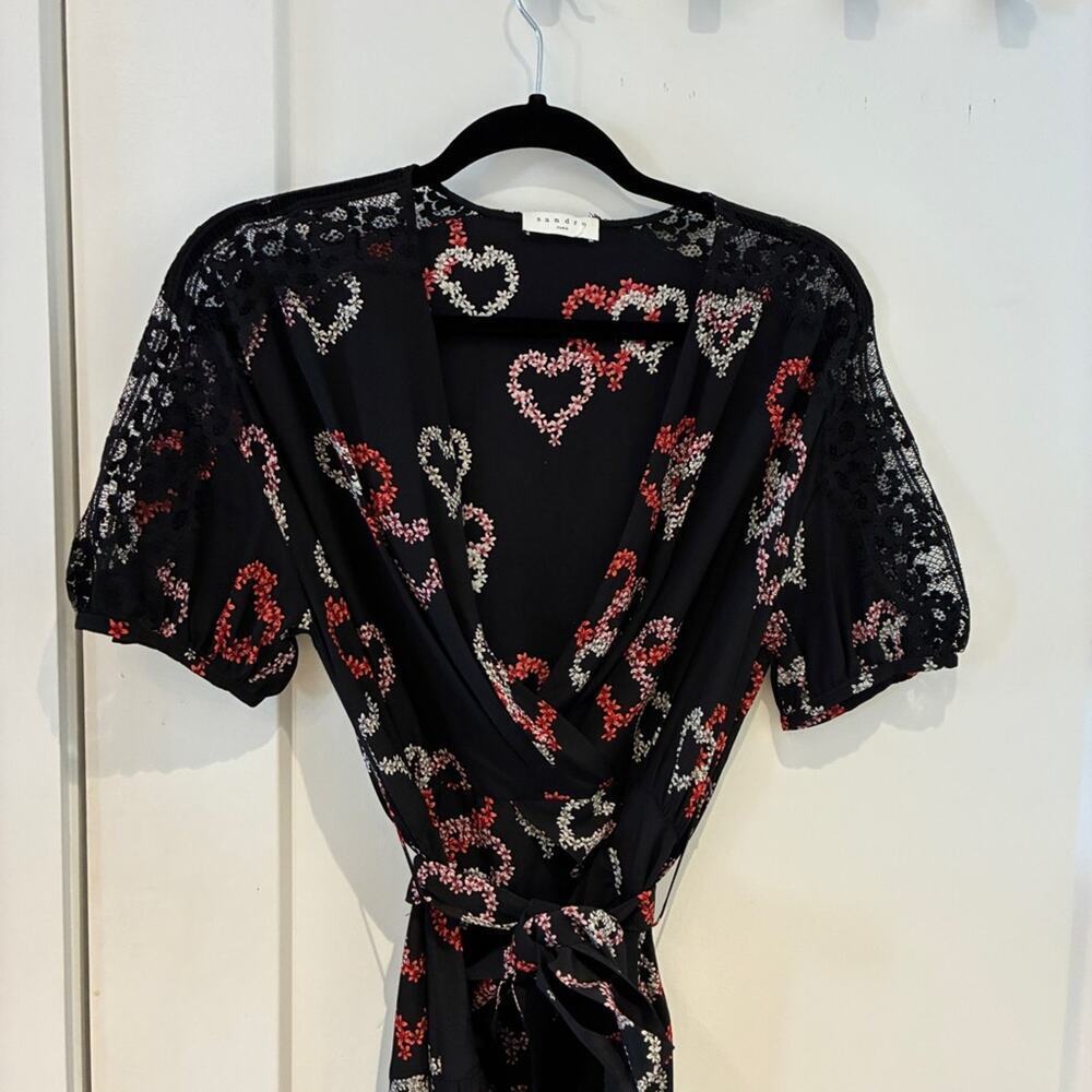 Sandro Black 100% Silk Floral Heart Print Midi Dress Small - Picture 4 of 14